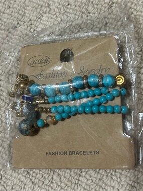 Turquoise Beaded Multi-Row Stretch Bracelet Set with Gold Accents
